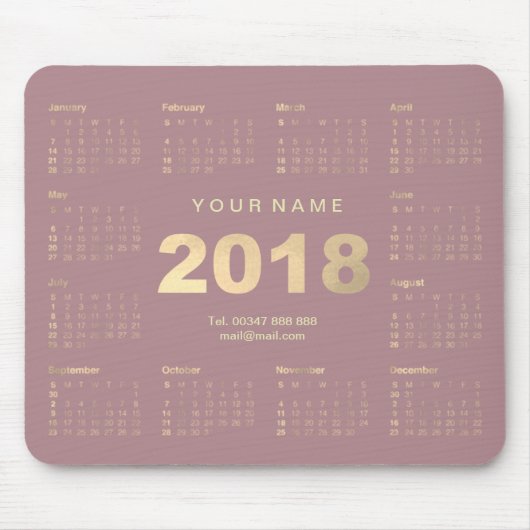 Kalender 2018 Mauve Pink Gold Name Kontaktnummer Mousepad (Vorne)