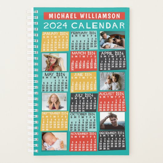 Kalender 2024 Jahr Moderner 12-Bild-Collage Name G Planer (Vorderseite)