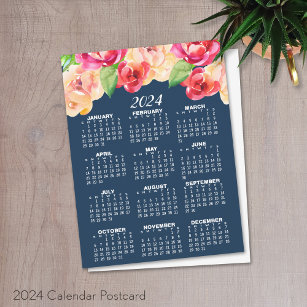Kalender 2024 mit bemalten Wasserfarben-Blume Postkarte