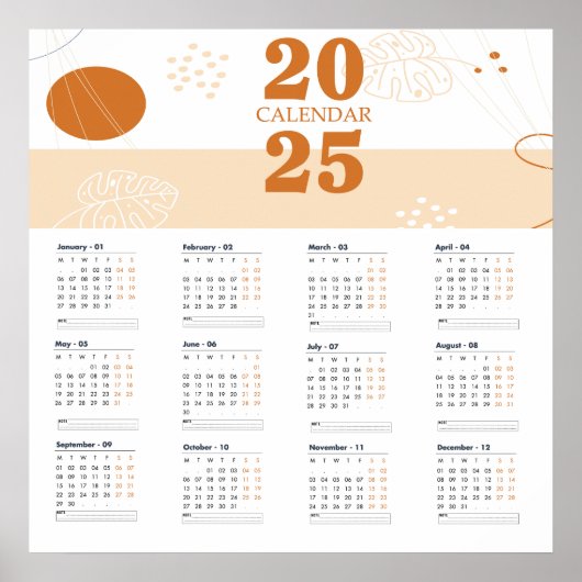 Kalender 2025 handgezeichnete flache Blätter Poster (Vorne)