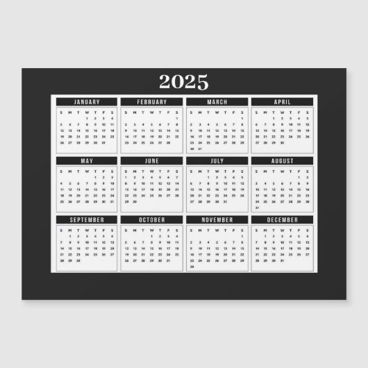 Kalender 2025 Moderne Schwarz-weiße Magnetkarte (Vorderseite)