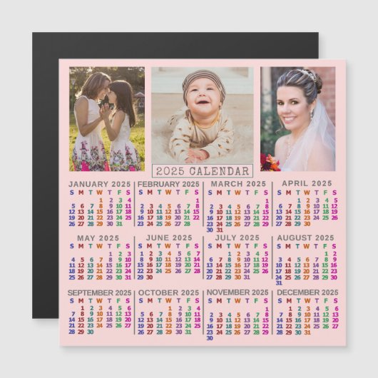Kalender 2025 Niedlich Pink-Familienfoto-Collage Magneteinladung (Vorne/Hinten)