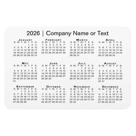 Kalender 2026 mit benutzerdefiniertem Text weiß Magnet (Horizontal)
