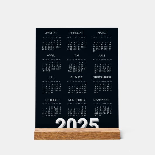 Kalender Deutsch 2025 Jährlich Modernes Schwarz un Acrylschild (Vorderseite)