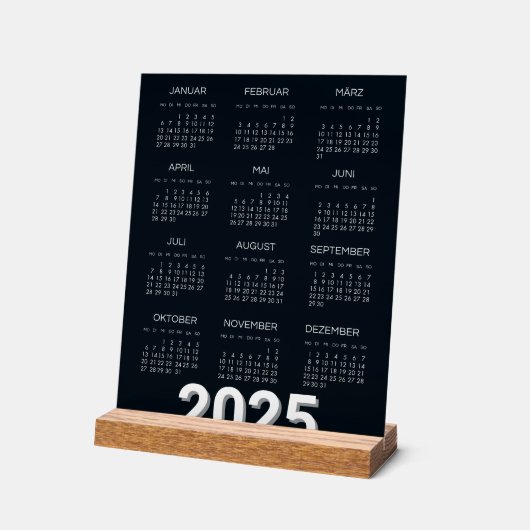 Kalender Deutsch 2025 Jährlich Modernes Schwarz un Acrylschild (Winkel)