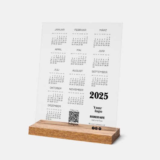 Kalender Deutsch 2025 Kalender Qr Code Acrylschild (Winkel)