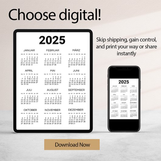 Kalender Deutsch 2025 Schwarz/Weiß Minimalistisch Einladung