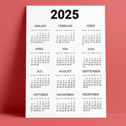 Kalender Deutsch 2025 Schwarz/Weiß Minimalistisch Einladung