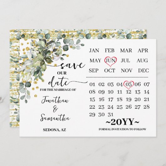 Kalender Eukalyptus Gold Rette unser Hochzeitsterm Save The Date (Vorne/Hinten)