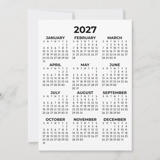 Kalender für das gesamte Jahr 2027 Basic Simple Einladung (Vorderseite)