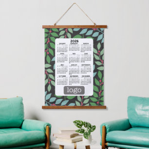 Kalender mit Logo - Botanisch Blau grün Wandteppich Mit Holzrahmen