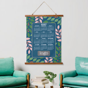 Kalender mit Logo - Botanisch Blau Pfirsich Wandteppich Mit Holzrahmen