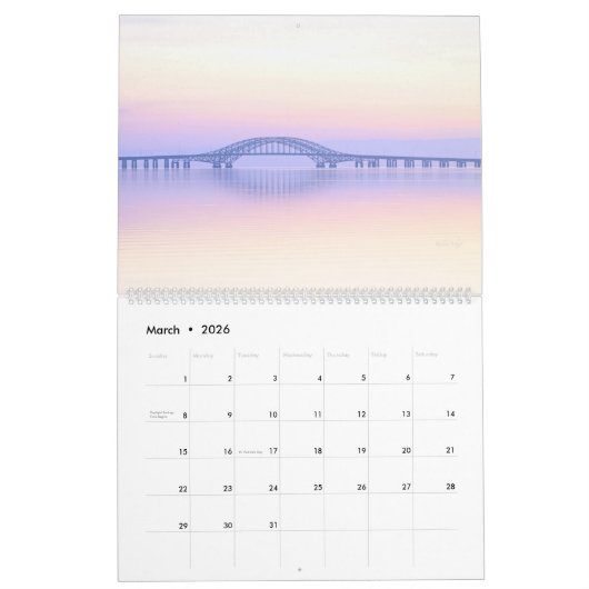 Kalender mit Sonnenaufgang- und Morgenfotos (Mär 2026)