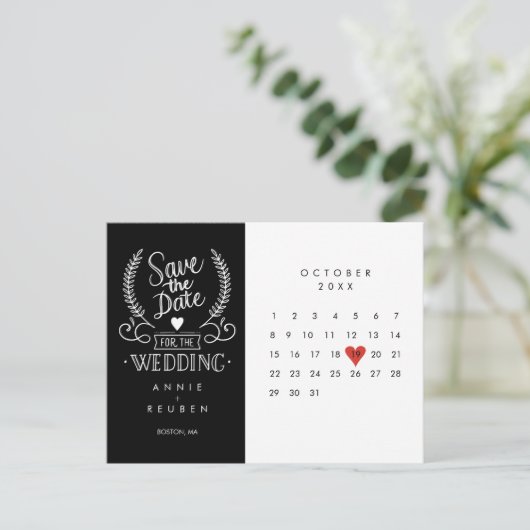 Kalender Rote Liebe Herz Save the Date Postkarte (Stehend Vorderseite)