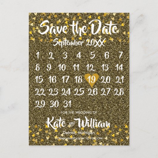 Kalender Save the Date Gold Liebe Herz Glitzer Ankündigungspostkarte (Vorderseite)