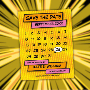 Kalender Spaß Moderne Comic-Hochzeitseinladung zum Ankündigungspostkarte