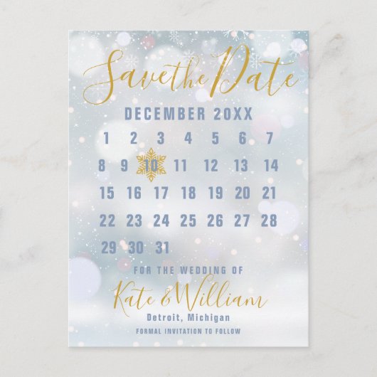 Kalender Winterschneeflocken Save the Date Postkar Postkarte (Vorderseite)