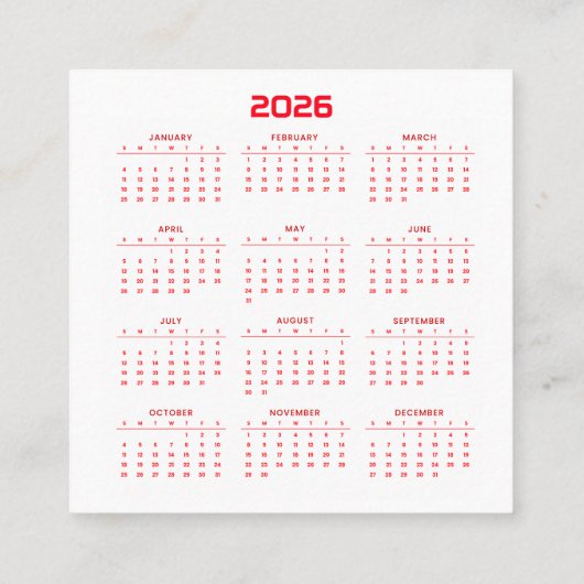 Kalenderjahr 2026 quadratische visitenkarte (Rückseite)
