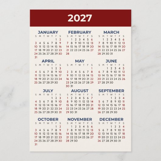 Kalenderkarte 2027 in benutzerdefinierten Farben, Programm (Vorderseite)