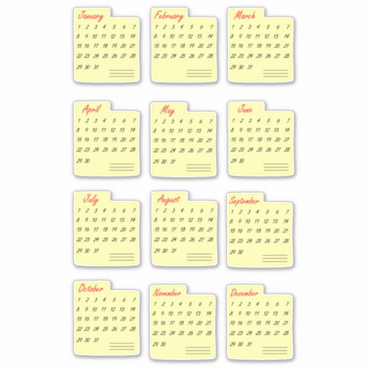 Kalendermonate jedes Jahr Aufkleber (Vorderseite)