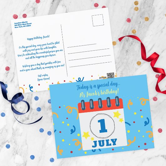 Kalenderseite 1. Juli Geburtstagsfeier Postkarte