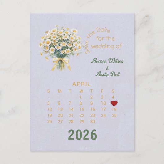 Kalenderstil Hochzeit Speichern Sie das Datum Apri Ankündigungspostkarte (Vorderseite)