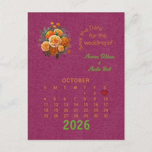 Kalenderstil Hochzeit Speichern Sie das Datum Okto Ankündigungspostkarte (Vorderseite)