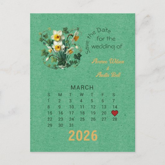 Kalenderstil Hochzeit speichern Sie den März Datum Ankündigungspostkarte (Vorderseite)