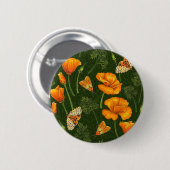 Kalifornien-Mohn und -Motten auf dunkelgrün Button (Vorne & Hinten)