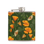 Kalifornien-Mohn und -Motten auf dunkelgrün Flachmann (Vorderseite)