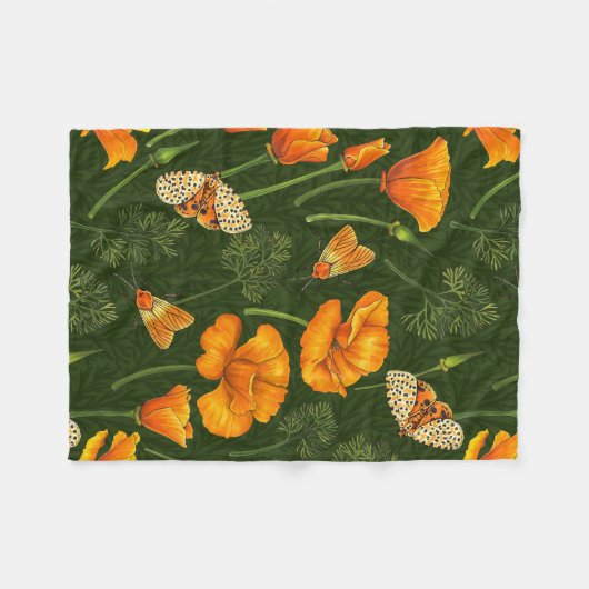 Kalifornien-Mohn und -Motten auf dunkelgrün Fleecedecke (Vorderseite (Horizontal))