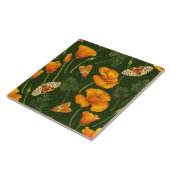 Kalifornien-Mohn und -Motten auf dunkelgrün Fliese (Seite)