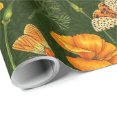 Kalifornien-Mohn und -Motten auf dunkelgrün Geschenkpapier (Rolleneckpunkt)