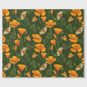 Kalifornien-Mohn und -Motten auf dunkelgrün Geschenkpapier (Flach)
