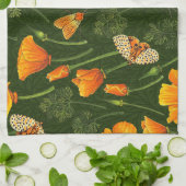 Kalifornien-Mohn und -Motten auf dunkelgrün Geschirrtuch (Gefaltet)