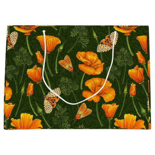 Kalifornien-Mohn und -Motten auf dunkelgrün Große Geschenktüte (Vorderseite)