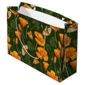 Kalifornien-Mohn und -Motten auf dunkelgrün Große Geschenktüte (Rückseite Schrägansicht)