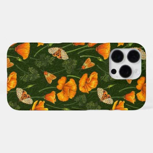 Kalifornien-Mohn und -Motten auf dunkelgrün iPhone Hülle (Rückseite (Horizontal))