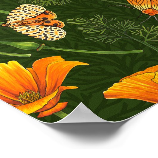 Kalifornien-Mohn und -Motten auf dunkelgrün Poster (Ecke)