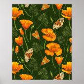 Kalifornien-Mohn und -Motten auf dunkelgrün Poster (Vorne)