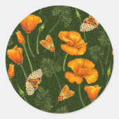 Kalifornien-Mohn und -Motten auf dunkelgrün Runder Aufkleber (Vorderseite)