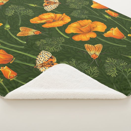 Kalifornien-Mohn und -Motten auf dunkelgrün Sherpadecke (3/4)