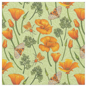 Kalifornien Mohn und Motten auf Honigtau Stoff