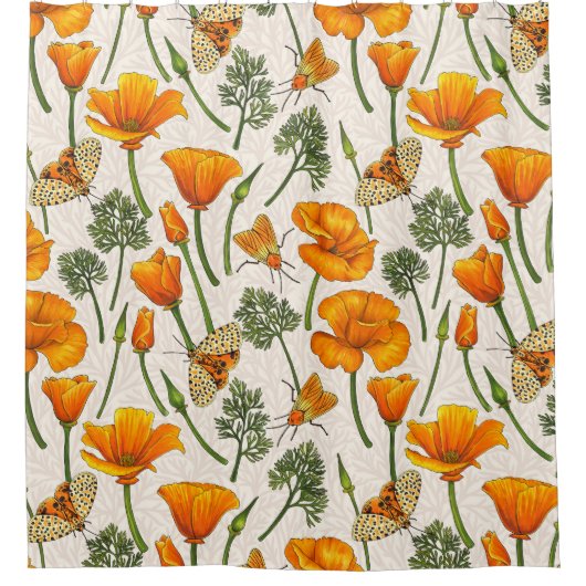 Kalifornien-Mohn und -Motten auf weiß 2 Duschvorhang (Vorderseite)