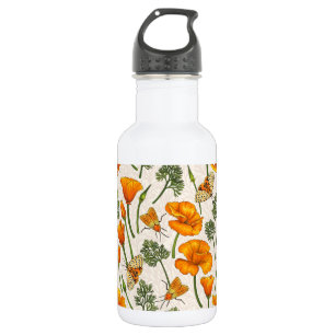 Kalifornien-Mohn und -Motten auf weiß 2 Edelstahlflasche