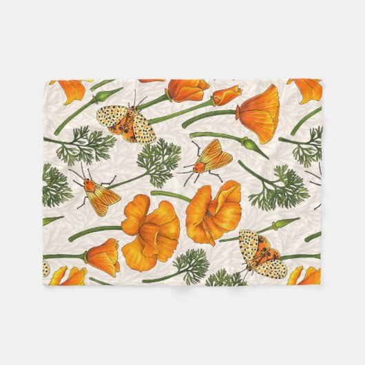 Kalifornien-Mohn und -Motten auf weiß 2 Fleecedecke (Vorderseite (Horizontal))