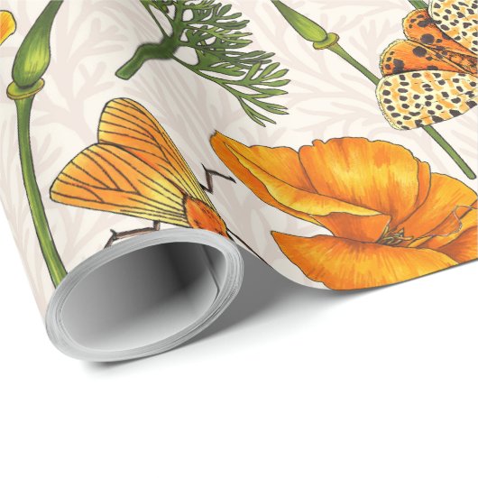 Kalifornien-Mohn und -Motten auf weiß 2 Geschenkpapier (Rolleneckpunkt)
