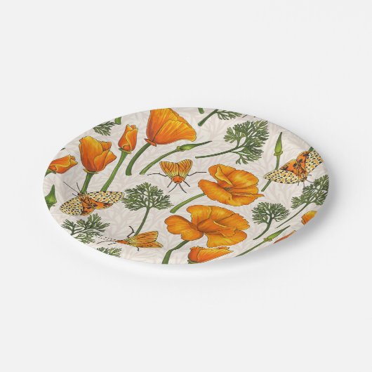 Kalifornien-Mohn und -Motten auf weiß 2 Pappteller (Schrägansicht)