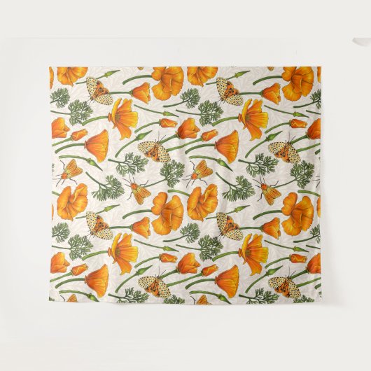 Kalifornien-Mohn und -Motten auf weiß 2 Wandteppich (Vorderseite (Horizontal))