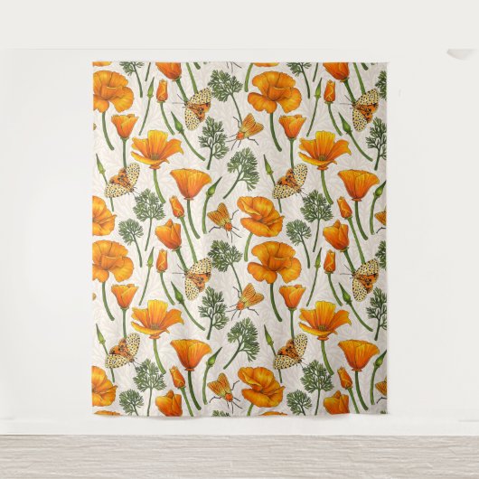 Kalifornien-Mohn und -Motten auf weiß 2 Wandteppich (Vorderseite)